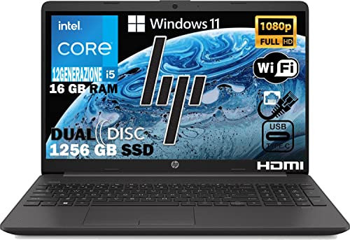 HP 250 G9 Notebook intel core i5 1235U 12Th fino a 4,40Ghz, Ram 16Gb Ddr4,Ssd Nvme 256Gb + HDD 1TB,Display 15.6 FULL HD,Pc portatile Windows 11 Pro