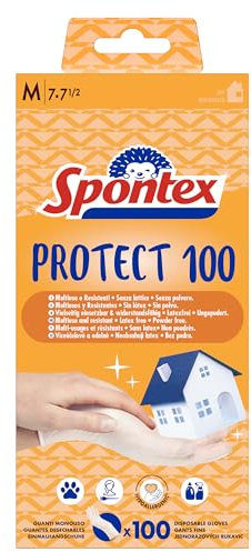 Spontex Protect Einmalhandschuhe aus Vinyl, ungepudert und latexfrei, vielseitig einsetzbar, in praktischer Spenderbox, Größe M, 100er Pack