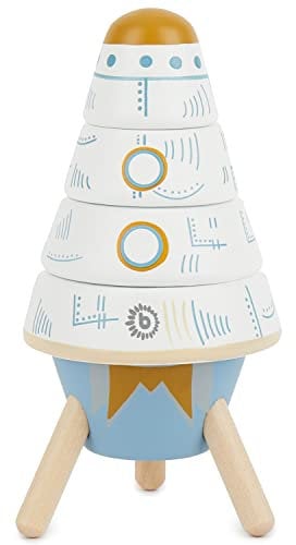 Bieco Stapelturm Holz Rakete, 16 cm | Steckspiel ab 1 Jahre | 5 tlg. Spielzeug Rakete Steckpyramide | Modernes Holzspielzeug Baby | Stapel Bausteine Holz | Motorikspielzeug Baby | Stapel Holzring Baby