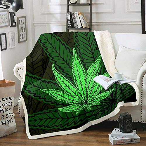 Homewish Marihuana Blatt Decke Werfen, Teens Marihuana Gras Sherpa Decke, Cannabis Blätter Flanell Vlies Decke 150x200, Exotischer Hanf Rustikale Plüsch Bettdecke Dekorative Sofa Couch, Grün
