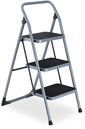 Relaxdays Escabeau, 3 marches antidérapantes, Pliable, Garde-Corps, Charge Max. : env. 150 kg, Acier, Plastique, Gris