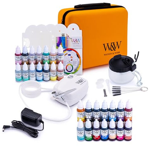 Watson & Webb Complete Airbrush Cake Decorating Kit – Includes 25 Matt & Lustre Colours, 3 Cleaning Solutions, Stencils & Carry Case – Professional Cake Airbrush Kit for Cakes, Cookies & Baking