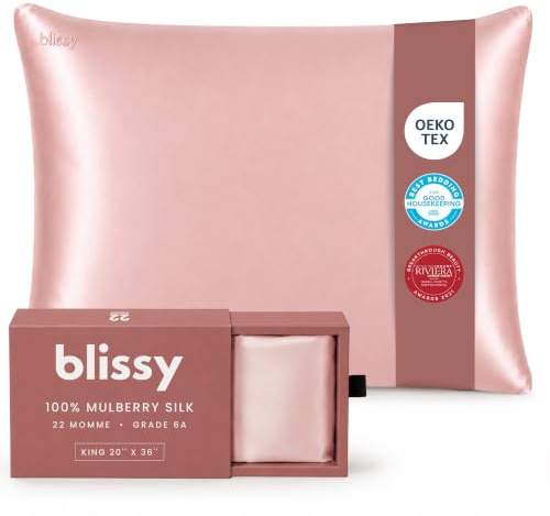Blissy Silk Pillowcase - 100% Pure Mulberry Silk - 22 Momme 6A High-Grade Fibers - Satin Pillowcase for Hair & Skin - Regular, Queen & King Size Silk Pillow Case with Hidden Zipper - Moisture Wicking
