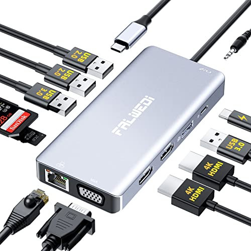 Estación de acoplamiento para portátil, monitor Daul 12 en 1 USB C Hub adaptador multipuerto con 2 HDMI, VGA, PD, Ethernet, SD/TF, puertos A, micrófono/audio, compatible con MacBook/Dell/HP y Lenovo