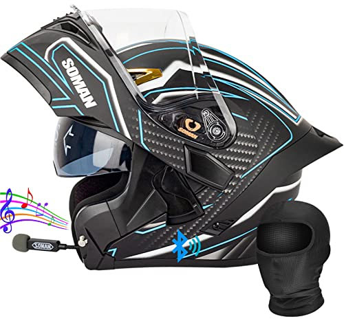 Motorrad Helm Built in Bluetooth Front Flip-Up Motorrad Modular Helm Anti-Fog Dual Visor Erwachsene Full Face Street Racing Helm DOT/ECE genehmigt,Line Blue,L