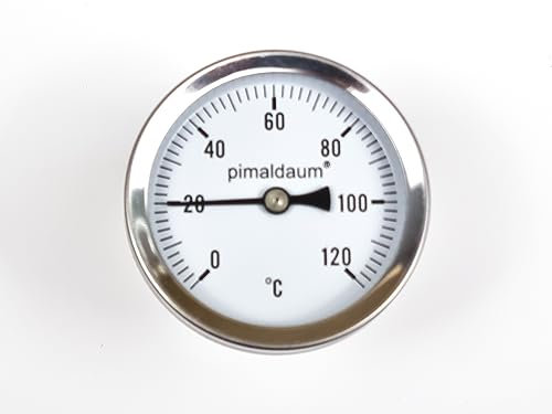 PIMALDAUM® Bimetall-Thermometer 0-120°C, mit Tauchhülse 11mm x 40mm / Anschluss hinten 1/2, Gehäuse verchromtes Stahlblech, für Pufferspeicher, Kessel, Räucherofen (80 mm)