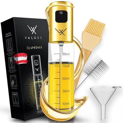 VALUXE® Premium Ölsprüher Gold – Das ORIGINAL - Extrem präzise Öl-Sprühflasche aus Edelstahl und Glas - Multifunktionale Ölspender Sprühflasche -Stylische und Coole Küchen Gadgets