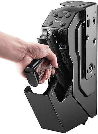Mounted Biometric Gun Safe For Pistols, Auto Open Handgun Safe, Pistol Safe With Fingerprint Keypad Key Quick Access For Guns Storage By Desk Nightstand Wall Cabinet