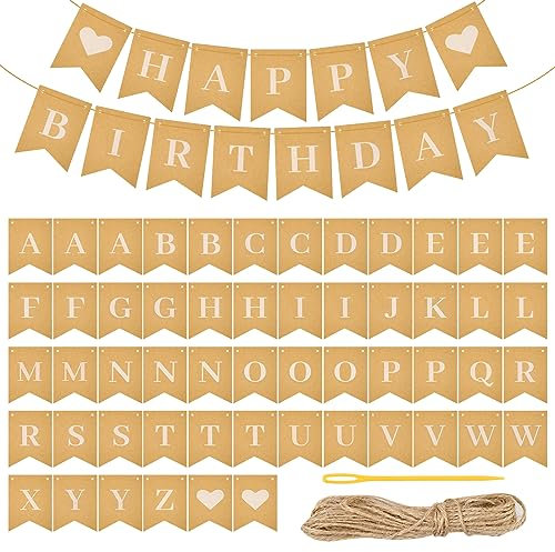54pcs Custom Banner Kit, DIY Personalised Bunting Banner with 32.8ft Jute Rope, Reusable Kraft Paper Letter Symbol Banners, Birthday Banners for Girls & Women,Welcome Home,Mr and Mrs Party Decorations