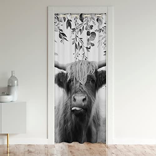 Loussiesd Hochland Kuh Verdunkelung Verdunkelungsvorhang Bull Blätter Türvorhang 86x203cm für Tür Privatsphäre Eucalyptus Blatt Schrank Vorhang für Innentür Raumteiler Bauernhaus