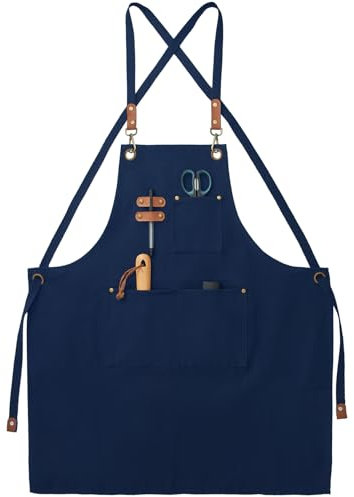 FunChaos Azul Delantales de Lona, Trabajo Delantales para Hombres y Mujeres, Ajustable Delantales de Chef con 3 Bolsillos, Delantal para Servidores, Cocina, Hornear, Artista, Pintura, Espalda Cruzada