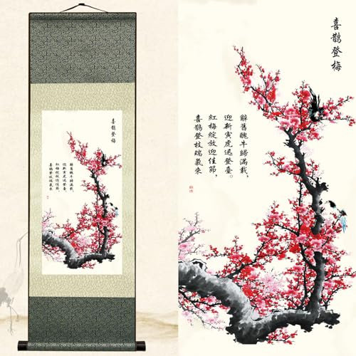 Newscz Schlafzimmerbilder für Wandkunst, Wandgemälde, Seidenschnörkelkunst, Gemälde, Elster, Pflaume, Poster, Wandteppich, Schlafzimmer, Leinwand, asiatische Hausdekoration für Wohnzimmer,