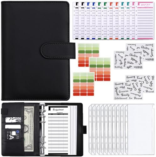 Meekye A6 Budget Planner Binder, Geld Organizer mit 10 Binder Taschen a6, 12 Budgetblätter, 4 Aufkleber, 3 Etikettenaufklebern Budget Binder mit Geldfacher Sparbuch für Tagebuch und Geschenk Schwarz