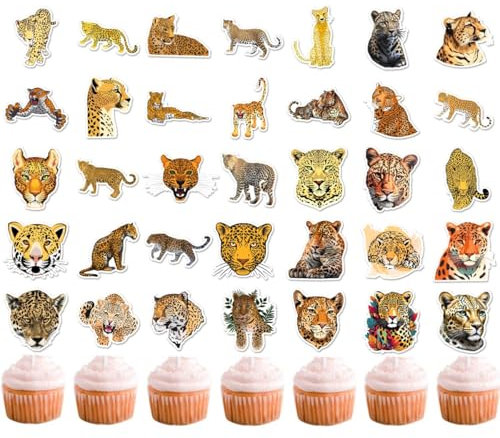 50 Stück Leopard Cupcake Topper, Leoparden Aufkleber, Cupcake Dekoration zum Selbermachen, Partyzubehör mit Dschungeltieren, Leoparden-Party (2 in 1) (Leopard)