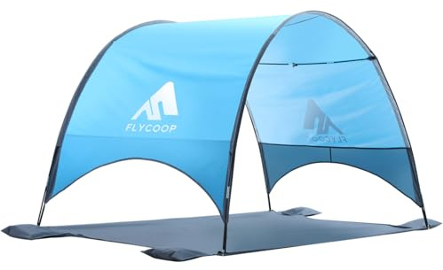 Flycoop Ombrellone da spiaggia con protezione UV UPF 50+, compatta e portatile, con ventilazione a 360°, corde antivento e paletti, per famiglia, viaggi, cortile, ombra del parco