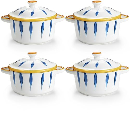 Aleker Casserole Dish with Lid and Handle Set of 4, 250ml Ceramic Ramekins Oven Soup Bowls, Stew Bowls Serving Bowls for Soup, Stews, Cereal, Lasagna, Soufflé, Brulee Ramekins Oven Dishwasher Safe