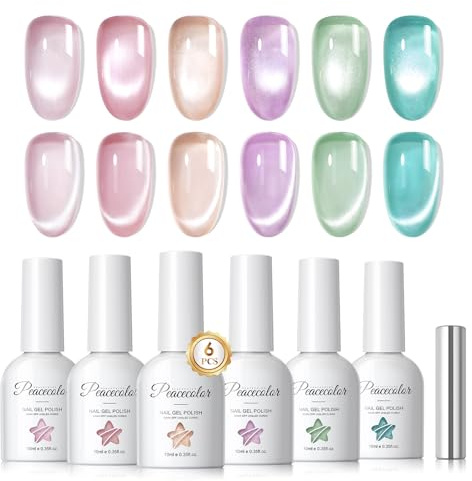 PEACECOLOR 6PCS UV Nagellack Cat Eye, Rosa Nude Lila Grün Blau Cat Eye Gel mit Magnet, UV Nagellack Magnetisch Glitzer, Soak Off Nail Art Maniküre 10ml
