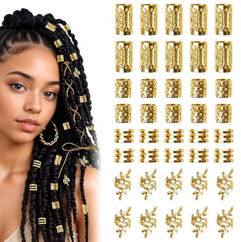 BAUCH 40 Piezas Argollas Metálicas Doradas para Dreadlocks, Anillos Capilares Ajustables, Joyería para Trenzas Estilo Pirata y Vikingo, para Hombre y Mujer