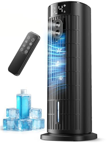 Air Cooler, Portable Air Conditioner with 4 Fan Speeds, Remote Control & 90°Oscillating Storm Mode 1000ML Tower Fan 2-10 Hour Timer Quiet Mini Air Conditioning for Office, Bedroom(Carbon Black)