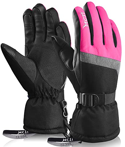 MCTi Ski Gloves,Winter Waterproof Snowboard Snow 3M Thinsulate Warm Touchscreen Cold Weather Women Gloves Wrist Leashes Rose Red Medium