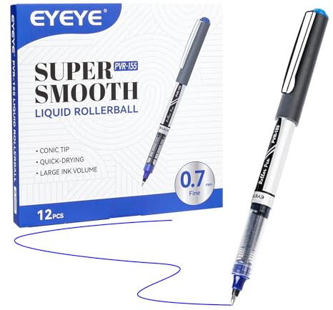 EYEYE Tintenroller, 0.7 mm Spitze, 12 Stück, Blaue | Tintenrollermit flüssiger, Schnell Trocknend, Glattes Schreiben für Journaling, Notizen, Büro und Schulbedarf