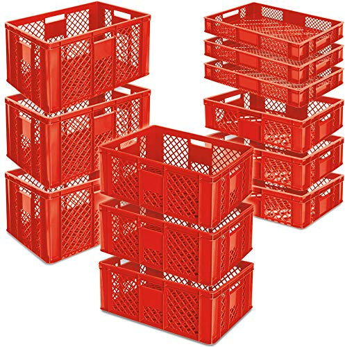 BRB 12x Stapelkorb / Bäckerkisten in 4 Größen, Grundmaß LxB 600x400 mm, H 90 mm, 150 mm, 240 mm, 320 mm, Farbe rot