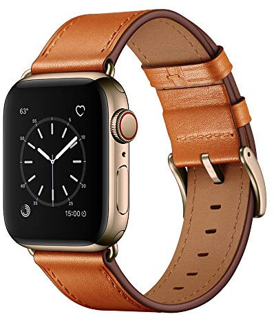 OUHENG Correa de repuesto compatible con Apple Watch de 38 mm, 40 mm, 42 mm, 41 mm, correa de piel auténtica compatible con Apple Watch Series SE/1/2/3/4/5/6/7/8/9/10, marrón, bronce y dorado