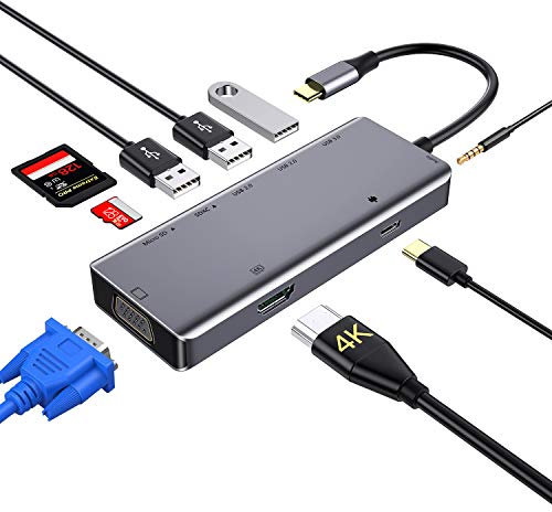 zedela USB C Hub, 9 in 1 DUAL-Anzeige USB C Adapter mit HDMI,VGA, SD/Micro SD-Kartenleser, Typ C PD,Audio, USB 3.0 Anschlüsse für MacBook Pro/Air, Chromebook, Samsung S10, Huawei Mate 10/P30 usw