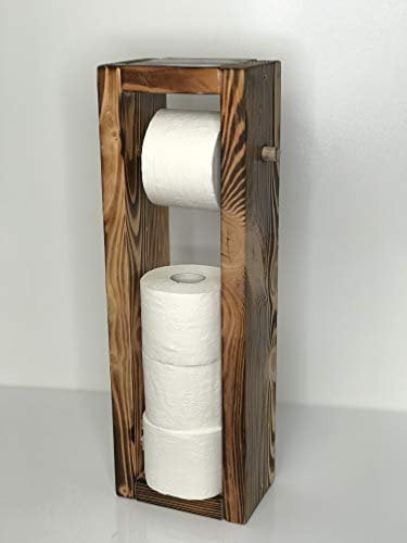 Blockholz-Schmiede Toilettenpapierhalter aus Holz für Badezimmer 4 Rollen Stand - Ständer WC Rollenhalter Freistehend WC Papierhalter Toilettenrollenhalter (Geflammt)