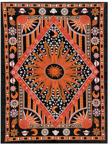 THE ART BOX Indie Wandteppich Baumwolle Mandala Wandbehang Deko Teppich Aesthetic Room Decor Dekoration Wohnzimmer Indische Tücher Schlafzimmer Deko, Gelb Orange, 135x160 Cm