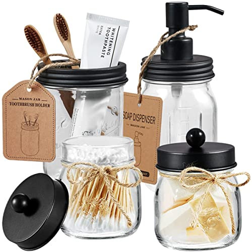 Phantom Cables WI1-31S Mason Jar Bathroom Accessories Set 4 Pcs -Lotion Soap Dispenser & 2 Cotton Swab Holders & Toothbrush Holder - Rustic Farmhouse Decor, Bathroom Home Decor