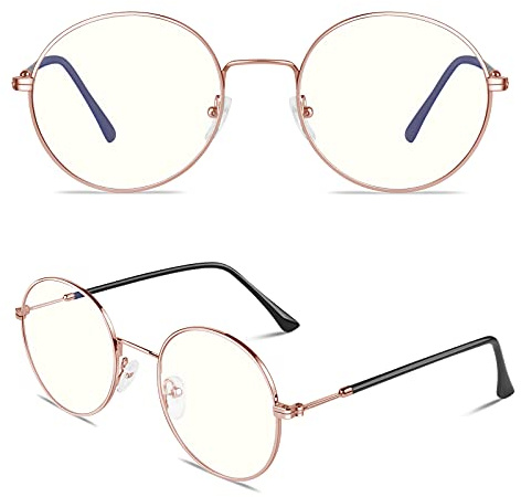 GQUEEN Occhiali Filtro Luce Blu per Computer Anti Bagliore e Anti Affaticamento degli Occhi, con Cornice Rotonda in Metallo Retro, GQ40