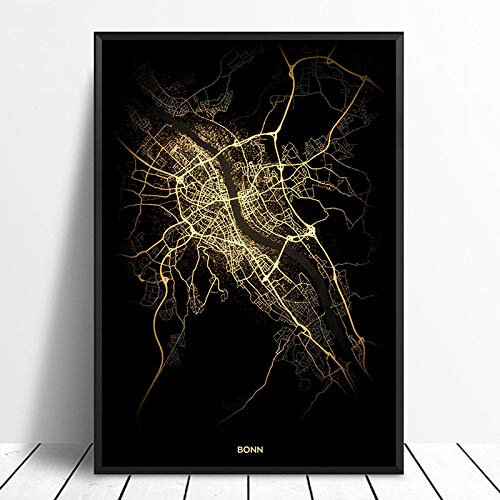 Leinwand Bild, Bonn Schwarz & Gold Stadt Lichtkarten Poster Benutzerdefinierte Welt Kunst Leinwand Malerei Wandkunst für Wohnzimmer Home Decor,30 * 45cm