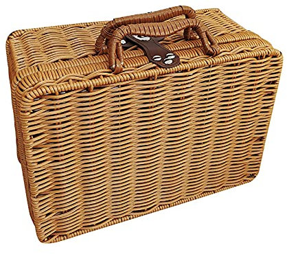 Künstlicher Rattan-Koffer, Retro-Weiden-Aufbewahrungskorb, Kosmetik-Organizer, Lederriemen, Metallschloss, Retro-Koffer, Requisiten-Box für Picknick, Lebensmittelaufbewahrung, Outdoor,