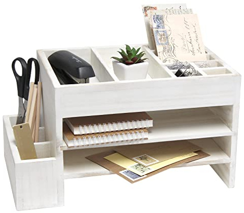 Elegant Designs Organizer mit Aufbewahrungsfächern und Briefablage Schreibtisch-Caddy, Holz, Weißes Waschen, 9x15.5x8.5