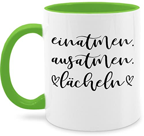 Tasse Tassen 325ml - Statement Sprüche - Einatmen Ausatmen Lächeln - 325 ml - Hellgrün - positiver spruch spruchtasse sarkasmus inhale kaffetassen spruchtassen spruechen exhale kaffeetasse