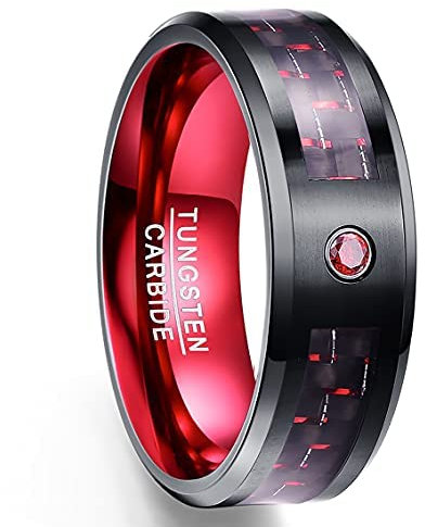 Vakki Herren Damen Schwarz + Rot Kohlefaser Ring 8mm Partnrerring Wolfram mit Zircon Verlobungsring Ehering Größe 54 (17.2)