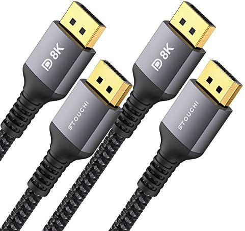 Stouchi Lot de 2 câbles DisplayPort 1.4 240Hz 1.2 M/4FT DP1.4 Prise en charge 8K@60Hz 4K@60Hz/144Hz/120Hz 5K@60Hz/120Hz 2K@165Hz/240Hz VESA FreeSync G-Sync 32,4 Gbit/s HDR10 Display Câble de port