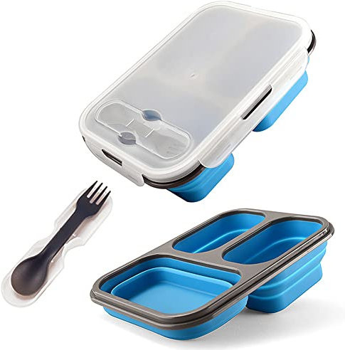 alouweekuky Faltbare Bento Box - Leak-proof Auslaufsichere Bento Lunchbox Brotdose aus Silikon Faltbare Lunchbox Lebensmittel mit drei Fächern und Löffel und Gabel für Erwachsene/Kinder (Blau)