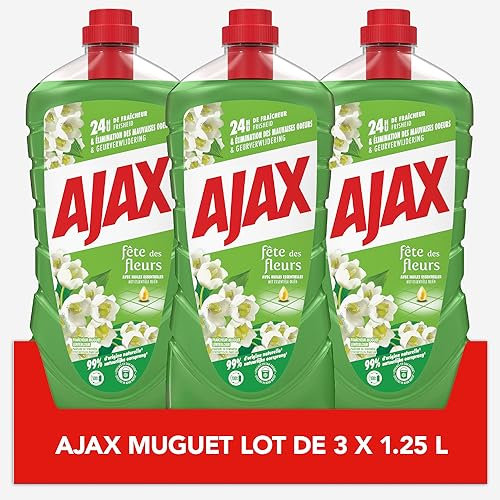 AJAX - Nettoyant Ménager Sols et Multi Surfaces Ajax Fête des Fleurs Muguet - Agit Contre Tous Types De Saleté - Lot 3x1250ml