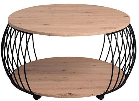 Home4You Couchtisch - Schwarz - Artisan Eiche Dekor - Metall - Ø 80 cm - mit Rollen