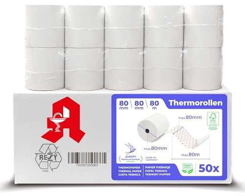 SWIPARO - Apotheken Thermorollen 80mm x 80m x 12mm - Kassenrollen - Bonrollen zertifiziert für Registrierkasse mit Bondrucker - Thermopapier 80x80x12 (50 Rollen)