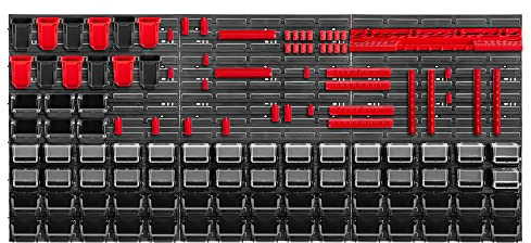 KADAX Werkzeugwandregal Groß, 174x78cm Lagersystem aus robustem Kunststoff, UV-Resistentes Modul-System, Erweiterbare Wandplatten, Werkstattregal für Garage (Rot&Schwarz, 121 tlg.)