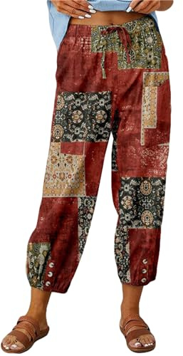 ASKSA Womens 7/8 Printing Linen Trousers Wide Pants Summer Casual Lightweight Loose with Pockets (Red,3XL)