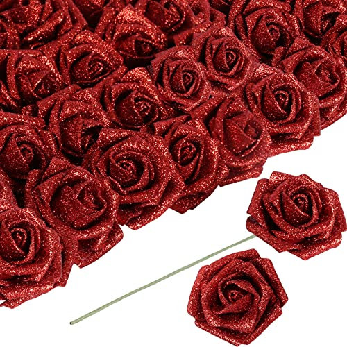 ICBOX Lot de 30 roses artificielles rouges à paillettes avec tige - 6 cm - Roses artificielles en mousse pailletée pour bouquets de mariage, fête, décoration d'intérieur (rouge)