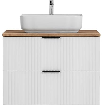 Lomadox Waschtisch 80cm mit Aufsatzbecken, weiß mit Eiche Nb., Front gerillt, Keramikwaschbecken weiß
