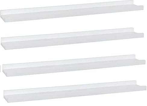 PHOENANCEE Solid Wood, 91.5cm Picture Ledge Shelf with lip design radiator shelf, Photo Shelf, Long Decorative Floating Picture Shelves For Living Room,Kitchen,Bedroom, Set of 4, Rustic White