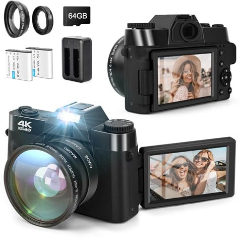 SOPPY Fotocamera digitale 4K con WiFi, videocamera da 48 MP con scheda SD da 32 G, schermo IPS da 3 pollici a 180°, obiettivo grandangolare, obiettivo macro, zoom digitale 16x, 2 batterie, fotocamera
