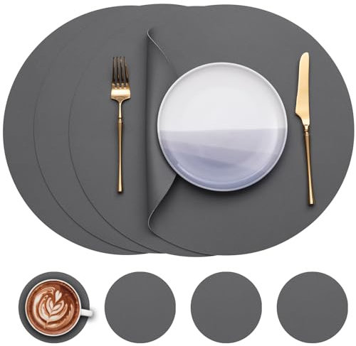 Myir JUN Round Table Placemats Set of 4 Faux Leather Place Mats and Coasters 15 inch Round Dual Sided Placemats Non-Slip Wipe Clean Stain Resistant (Gray Gray,Set of 4)