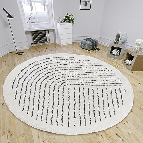 Hanse Home Dion Hochflor Teppich Rund – Runder Wohnzimmerteppich, Langflor Shaggy Streifen Muster, Flauschig Weich für Wohnzimmer, Schlafzimmer, Jugendzimmer – Creme Schwarz, 120cm